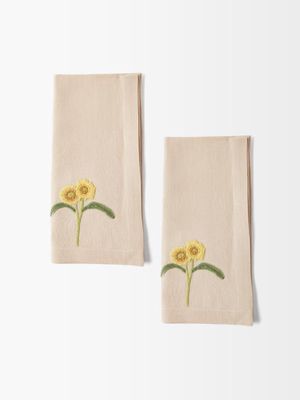Bernadette - Set Of Two Sunflower Embroidered Linen Napkins - Womens - Beige Multi