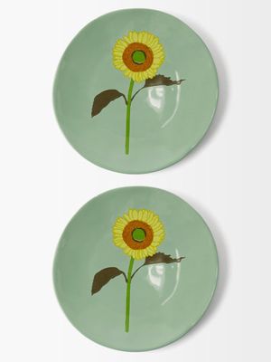 Bernadette - Set Of Two Sunflower Stoneware Side Plates - Womens - Green Multi