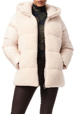 Bernardo Mixed Media Quilted Hooded Puffer Jacket in Cream/Champagne