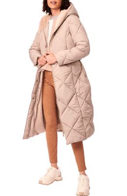 Bernardo Quilted Tie Waist Recycled Polyester Longline Puffer Jacket in Soft Taupe