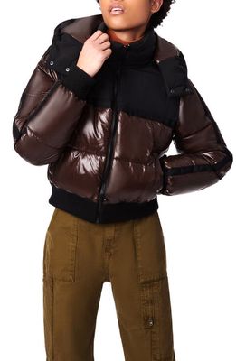 BERNIE Water Resistant Shiny Mixed Media Crop Puffer Jacket in Chocolate Black