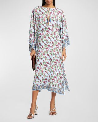 Berry-Print Flutter-Sleeve Midi Caftan Dress