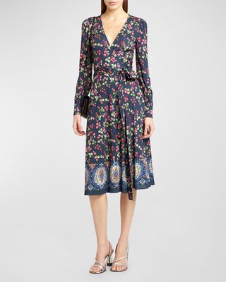 Berry-Print Long-Sleeve Jersey Midi Wrap Dress