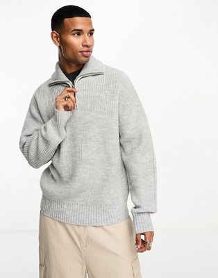 Bershka 1/4 zip knit sweater in gray