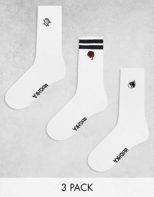 Bershka 3 pack graphic embroidered socks in white