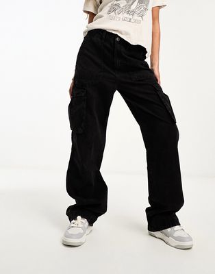 Bershka adjustable waist straight leg cargo pants in washed black-Gray