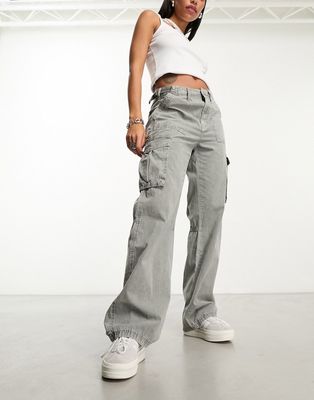 Bershka adjustable waist straight leg cargo pants in washed gray-Neutral