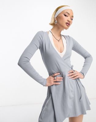 Bershka ballet wrap mini dress in gray