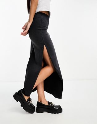 Bershka body-conscious denim midi skirt in washed black