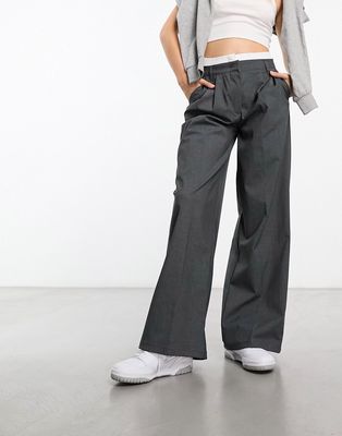 Bershka boxer waistband wide leg tailored pants in dark gray