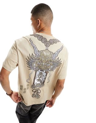 Bershka boxy japanese dragon back printed T-shirt in beige-Neutral