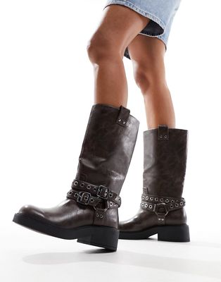 Bershka buckle detail calf length boots in brown