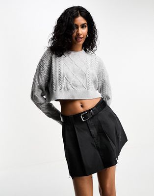 Bershka cable knit cropped sweater in gray