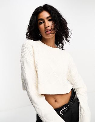 Bershka cable knit cropped sweater in white