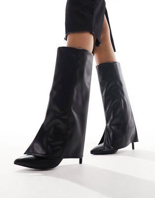 Bershka calf length faux leather covered boots in black