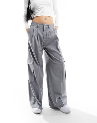 Bershka cargo wide leg tailored pants in gray pinstripe
