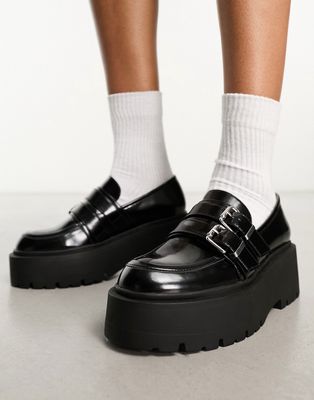 Bershka chunky loafer with buckle detail in black