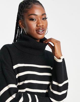 Bershka chunky turtle neck stripe sweater in black