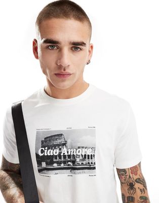 Bershka city graphic printed T-shirt in white