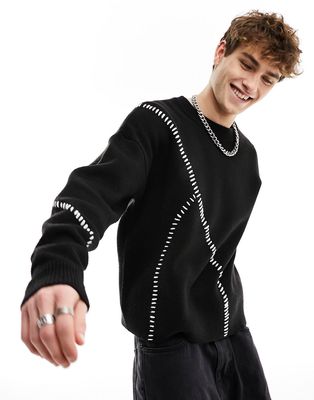 Bershka contrast cross stich knit sweater in black