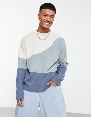 Bershka contrast knit sweater in blue and white-Multi