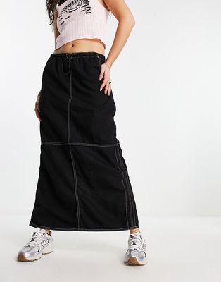 Bershka contrast stitch cargo maxi skirt in black
