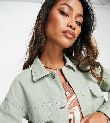 Bershka cotton canvas jacket with large pockets in sage-Green
