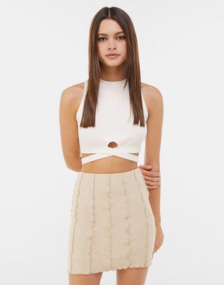 Bershka cotton exposed seam mini skirt in ecru - CREAM-White