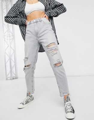 Bershka cotton mom jeans with rips and distressed hem in gray-Black
