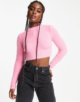 Bershka crew neck cropped fluffy sweater in pink