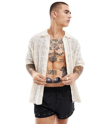 Bershka crochet patterned shirt in ecru-Neutral