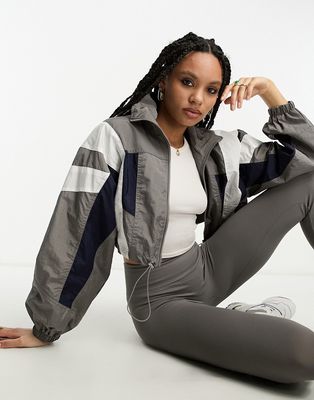 Bershka cropped contrast panel track jacket in gray & ecru