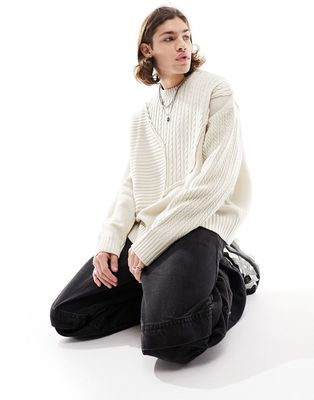Bershka cut & sew cable knit sweater in ecru-Neutral