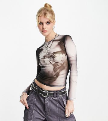 Bershka digital print corset detail long sleeve mesh top in black-Multi
