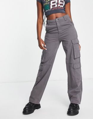 Bershka drawstring waist cargo pants in dark gray