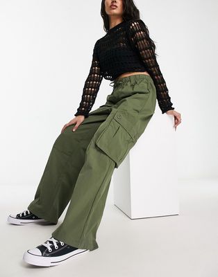 Bershka drawstring waist nylon wide leg cargo pants in khaki-Green