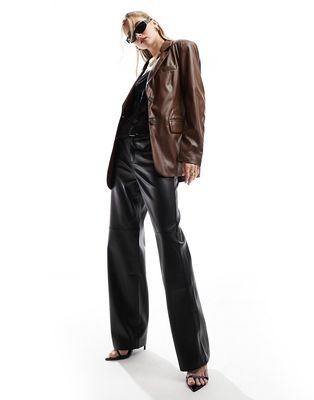 Bershka faux leather blazer in deep chocolate-Brown