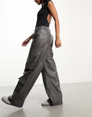 Bershka faux leather cargo pants in gray