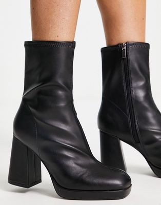 Bershka faux leather heeled ankle sock boots in black