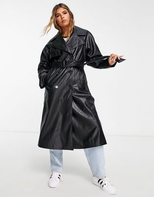 Bershka faux leather trench coat in black