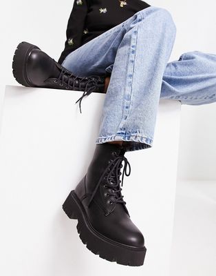 Bershka flat laced ankle boot in black PU