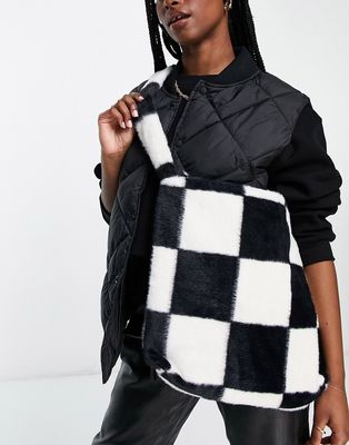 Bershka fluffy tote bag in monochrome checkerboard-Multi
