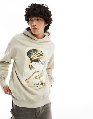 Bershka front graphic hoodie in beige-Neutral