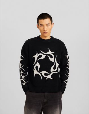 Bershka graphic knitted sweater in black