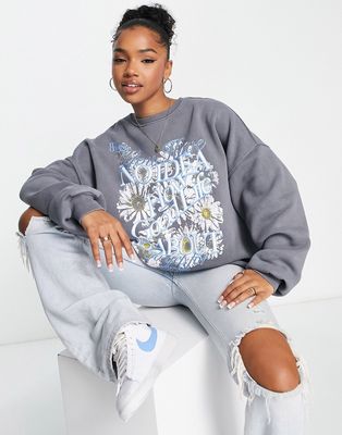 Bershka graphic print short sleeve oversized sweatshirt in gray