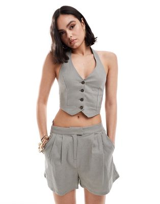 Bershka halterneck linen mix vest in gray - part of a set