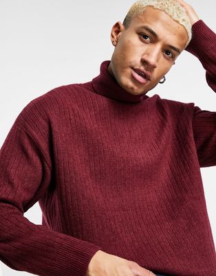 Bershka heavy knit roll neck sweater in burgundy-Red
