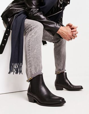 Bershka heeled PU leather western boot in black