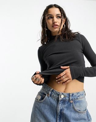 Bershka high neck long sleeve crop top in charcoal-Gray