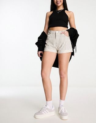 Bershka high waist denim shorts in ecru stripe-White